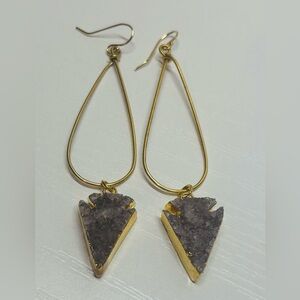 Gold and Gray/Purple Druzy Arrowhead Teardrop Earrings